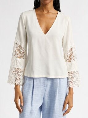 Ramy Brook Ivory Lace Sleeve V-Neck Blouse – Size M